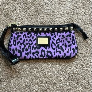 Betsey Johnson Betseyville Purple Leopard Cheetah Black Patent Wristlet Clutch